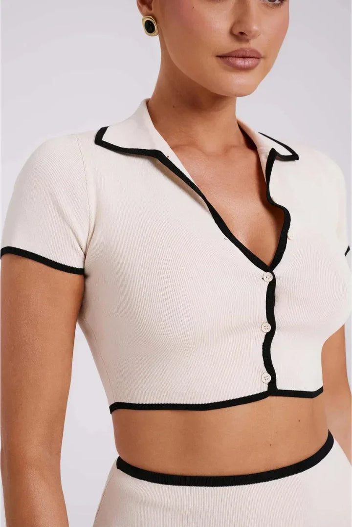 Completo mini donna bianco bordatura nera a costine