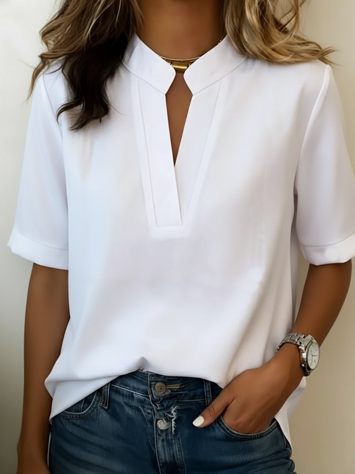 Blusa da donna collo alla coreana scollo a V maniche corte vestibilità ampia