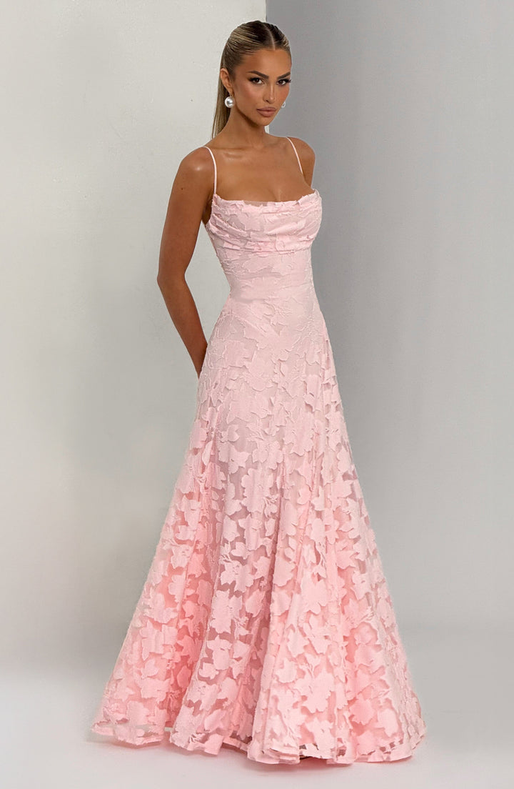 Vestito lungo da donna scollo a cascata schiena con allacciatura spalline sottili motivo traforato