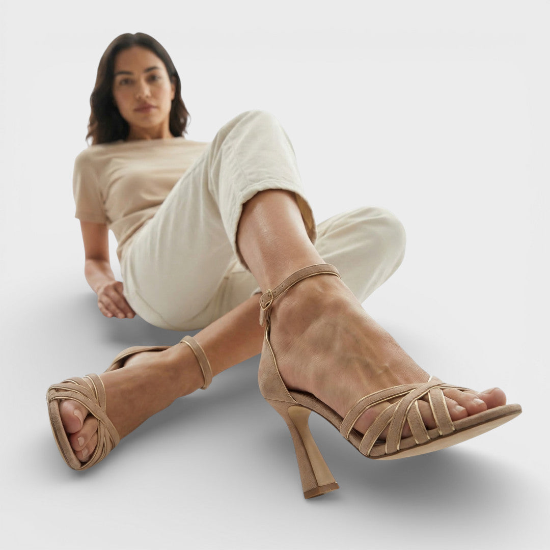 Sandali donna beige tacco a blocco cinturini incrociati alla caviglia