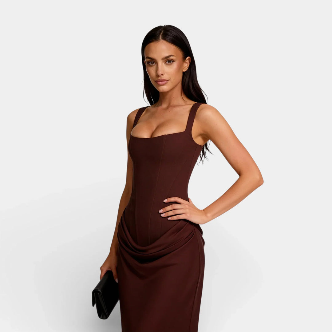 Vestito lungo donna con scollo quadrato, bustier a corsetto, schiena con lacci, arricciature drappeggiate