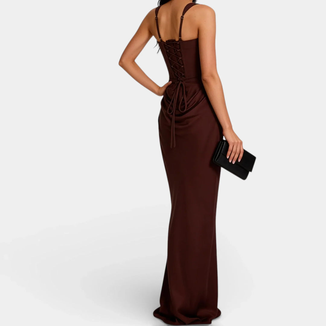 Vestito lungo donna con scollo quadrato, bustier a corsetto, schiena con lacci, arricciature drappeggiate