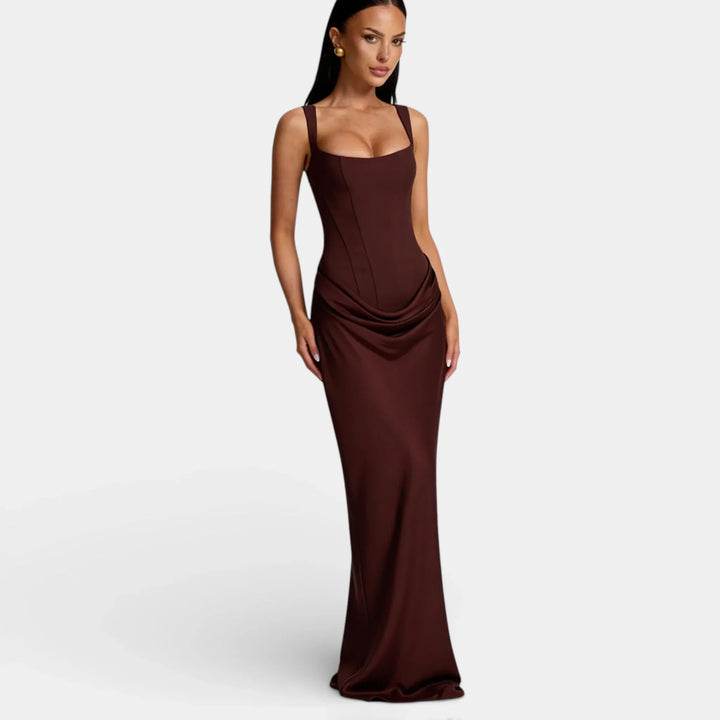Vestito lungo donna con scollo quadrato, bustier a corsetto, schiena con lacci, arricciature drappeggiate