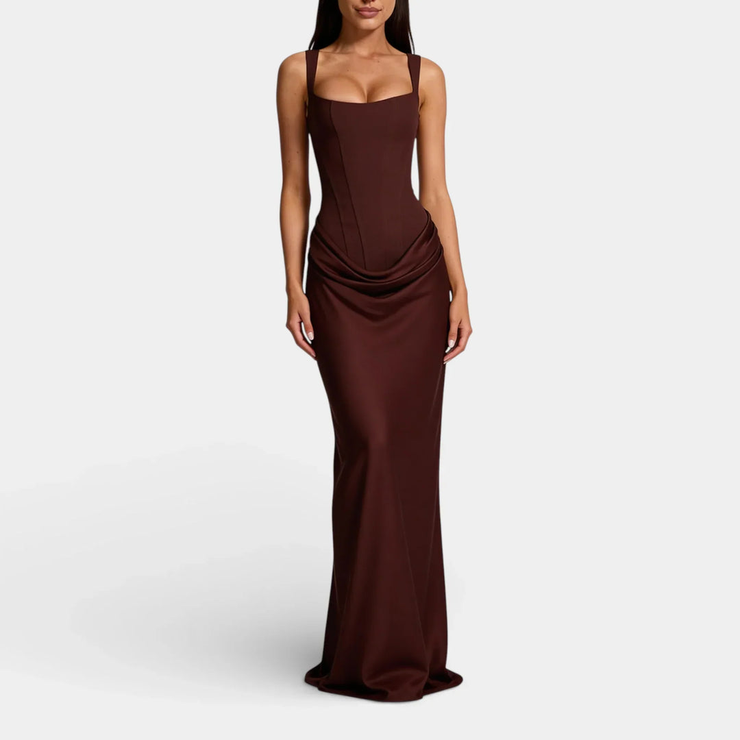 Vestito lungo donna con scollo quadrato, bustier a corsetto, schiena con lacci, arricciature drappeggiate