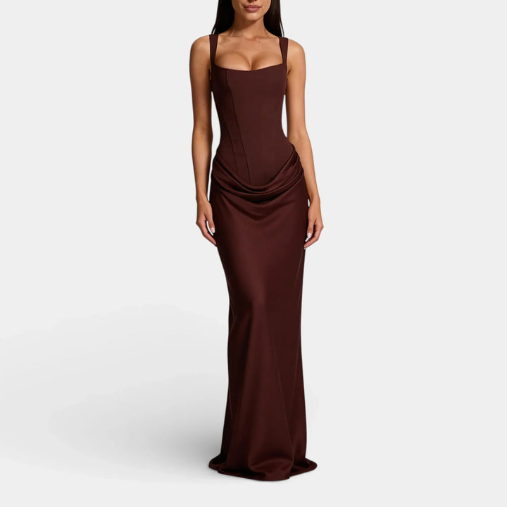 Vestito lungo donna con scollo quadrato, bustier a corsetto, schiena con lacci, arricciature drappeggiate