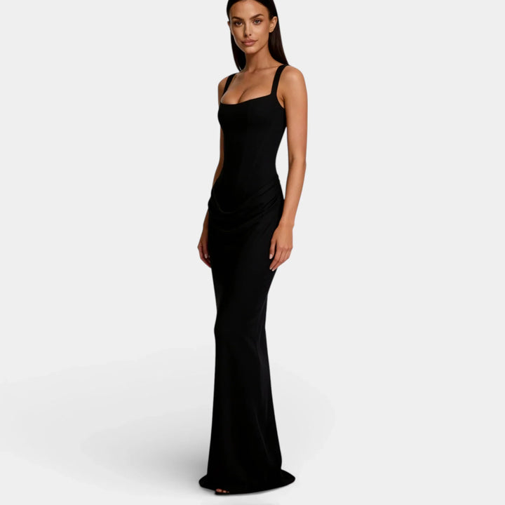 Vestito lungo donna con scollo quadrato, bustier a corsetto, schiena con lacci, arricciature drappeggiate