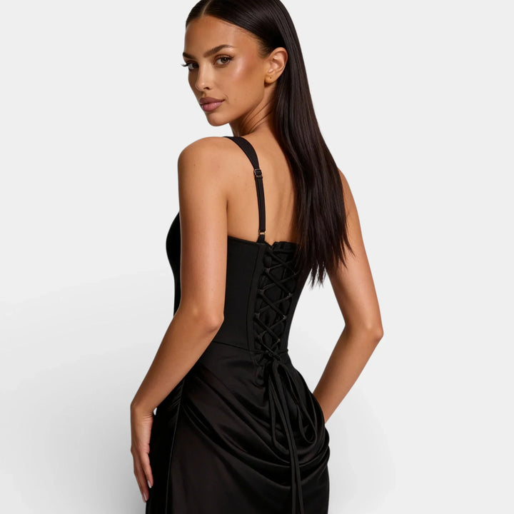 Vestito lungo donna con scollo quadrato, bustier a corsetto, schiena con lacci, arricciature drappeggiate
