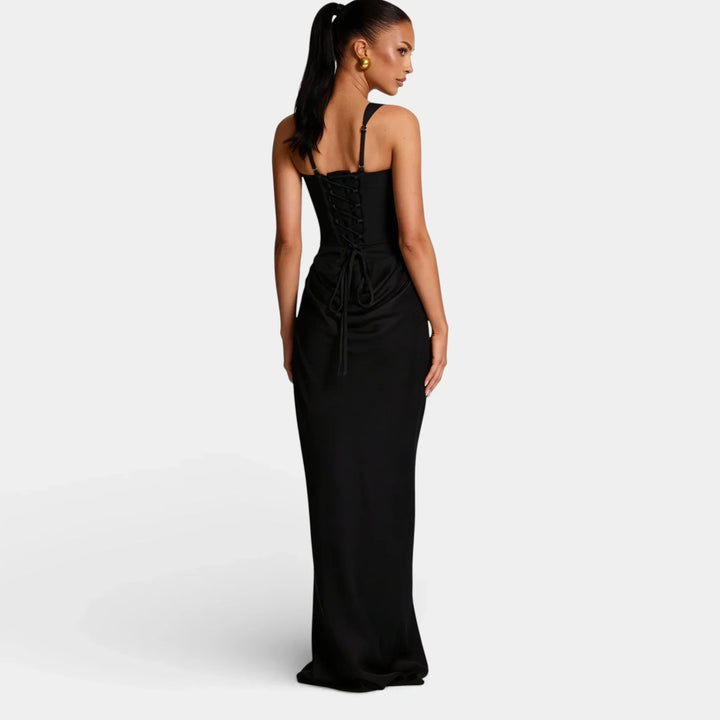 Vestito lungo donna con scollo quadrato, bustier a corsetto, schiena con lacci, arricciature drappeggiate