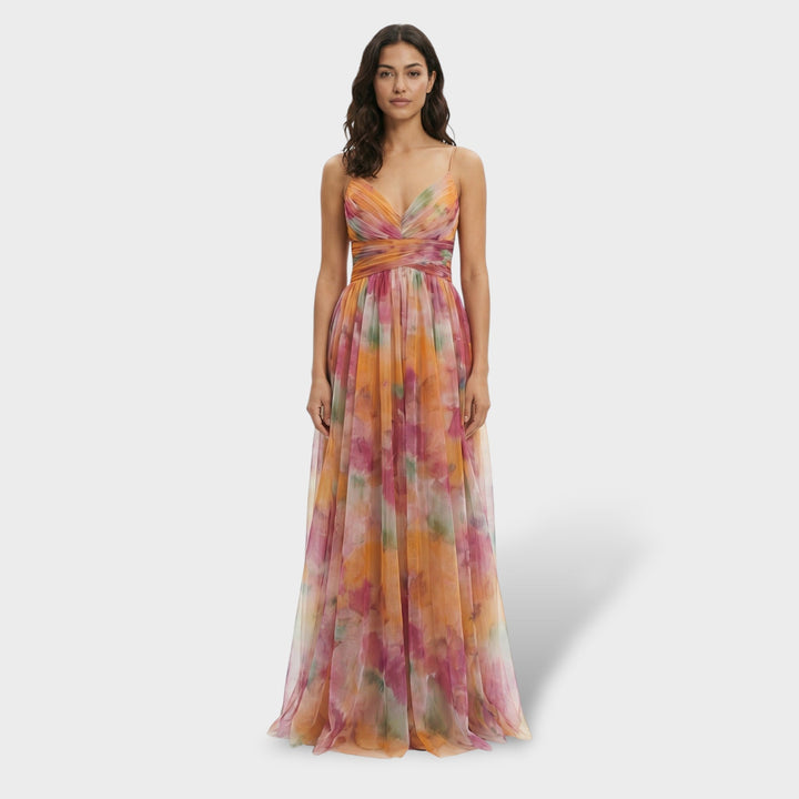 Vestito lungo da donna multicolore con scollo a V spalline sottili e schiena nuda