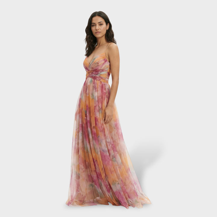 Vestito lungo da donna multicolore con scollo a V spalline sottili e schiena nuda