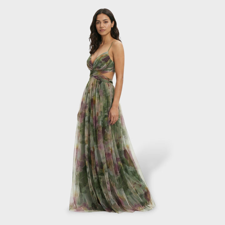 Vestito lungo da donna multicolore con scollo a V spalline sottili e schiena nuda