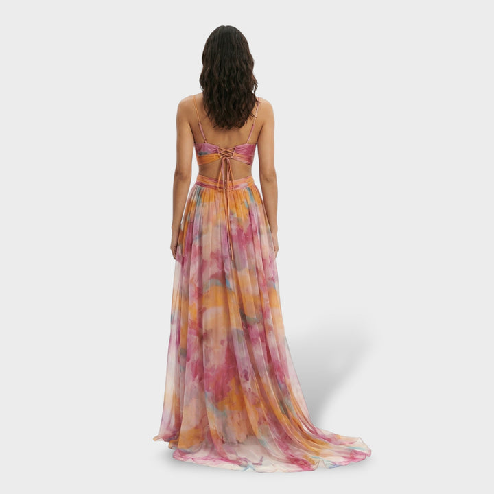 Vestito lungo da donna multicolore con scollo a V spalline sottili e schiena nuda