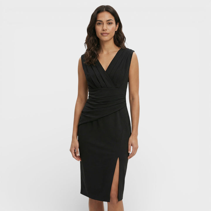 Abito midi da donna con scollo a V plissettato, taglio aderente drappeggiato, spacco