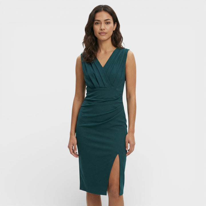 Abito midi da donna con scollo a V plissettato, taglio aderente drappeggiato, spacco