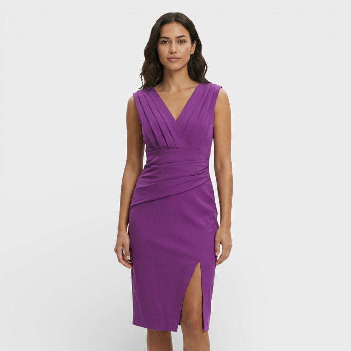 Abito midi da donna con scollo a V plissettato, taglio aderente drappeggiato, spacco