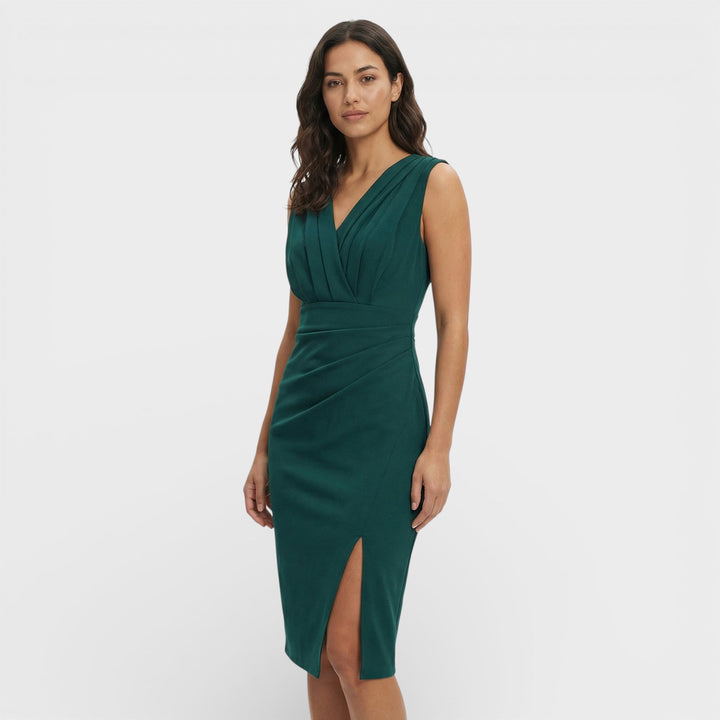 Abito midi da donna con scollo a V plissettato, taglio aderente drappeggiato, spacco