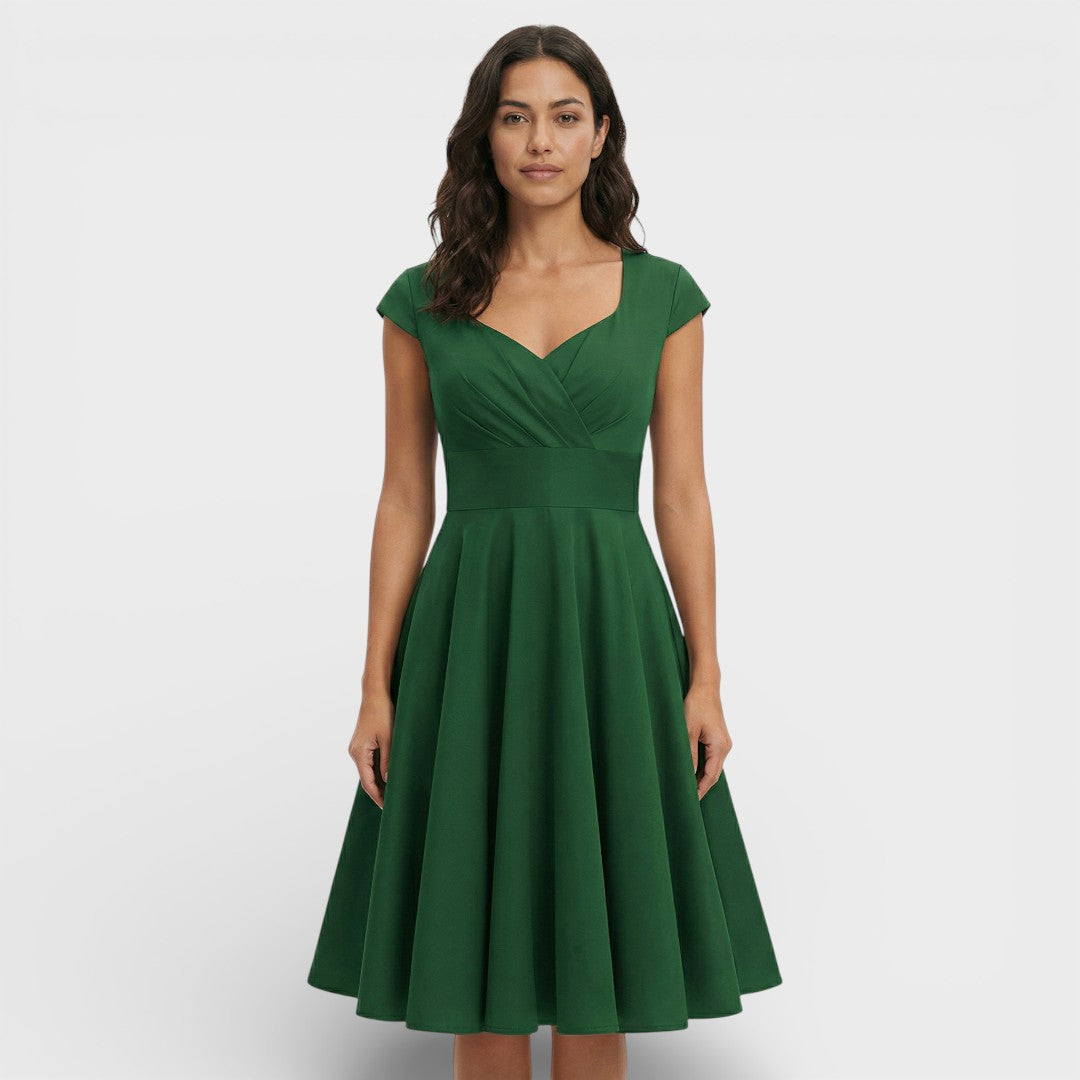 Abito midi da donna con scollo a V plissettato, maniche corte, vita aderente, gonna svasata