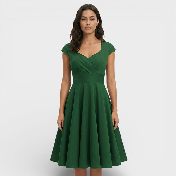 Abito midi da donna con scollo a V plissettato, maniche corte, vita aderente, gonna svasata