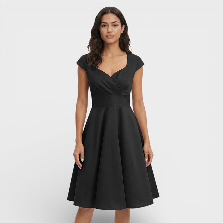 Abito midi da donna con scollo a V plissettato, maniche corte, vita aderente, gonna svasata