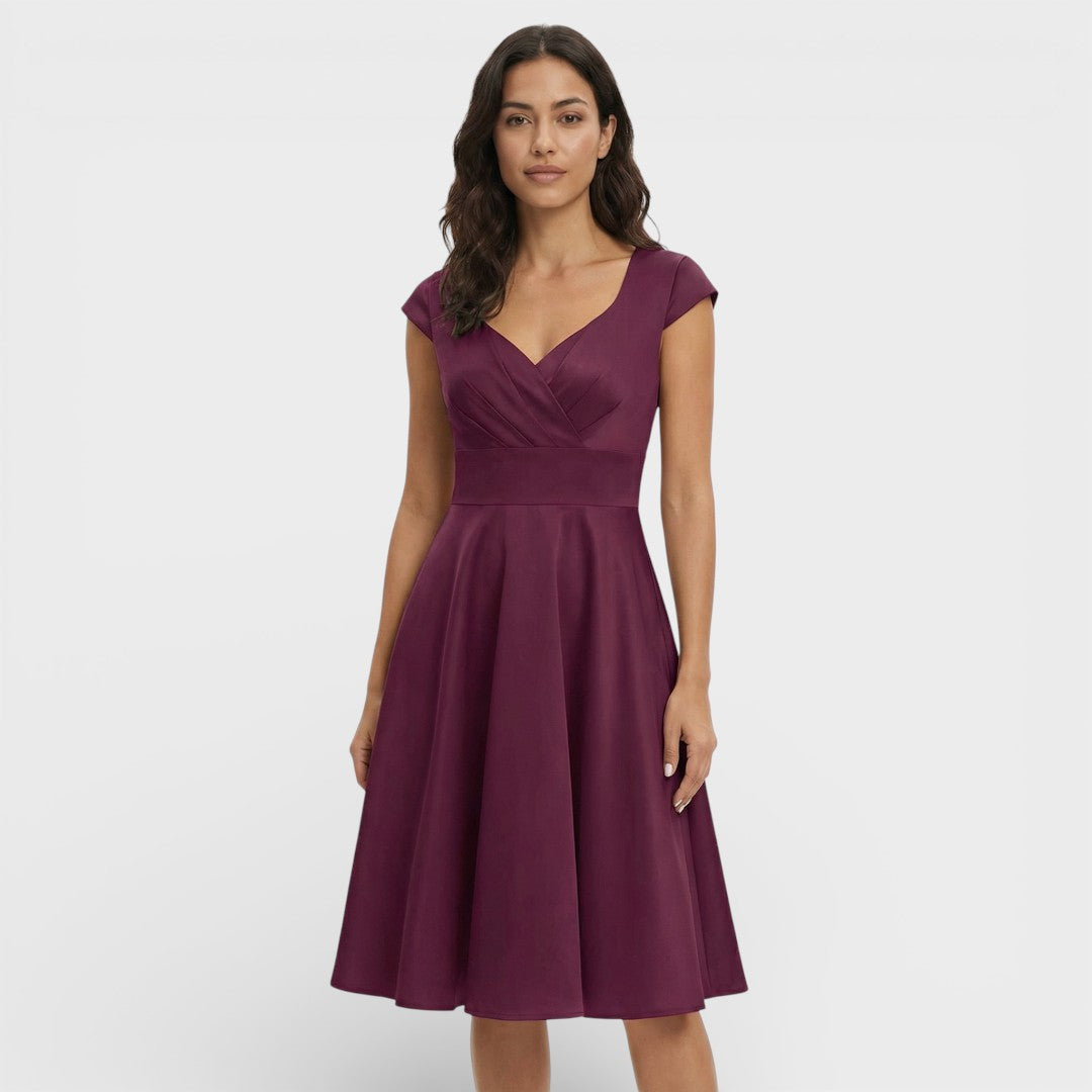 Abito midi da donna con scollo a V plissettato, maniche corte, vita aderente, gonna svasata