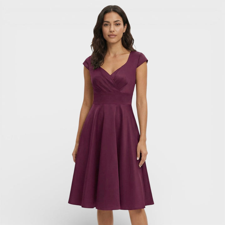 Abito midi da donna con scollo a V plissettato, maniche corte, vita aderente, gonna svasata
