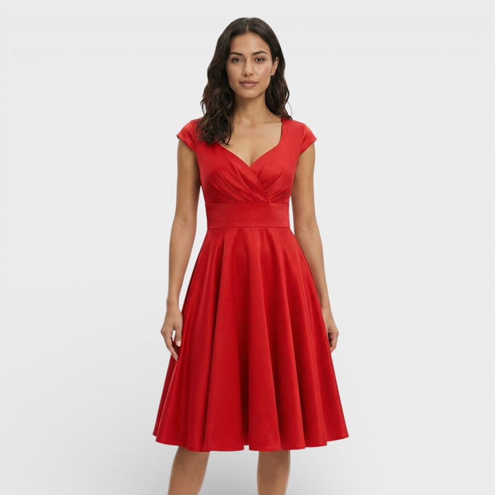 Abito midi da donna con scollo a V plissettato, maniche corte, vita aderente, gonna svasata