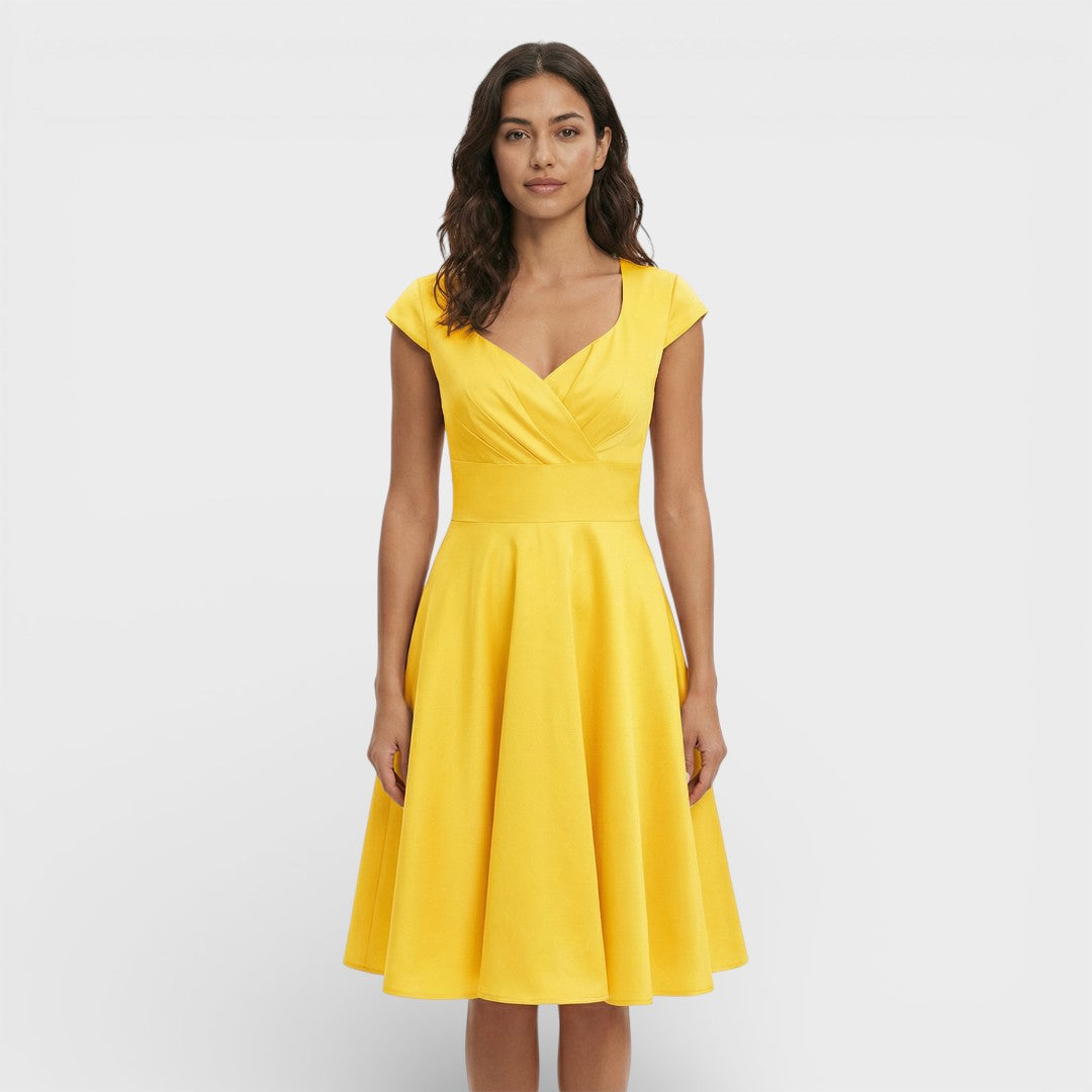 Abito midi da donna con scollo a V plissettato, maniche corte, vita aderente, gonna svasata