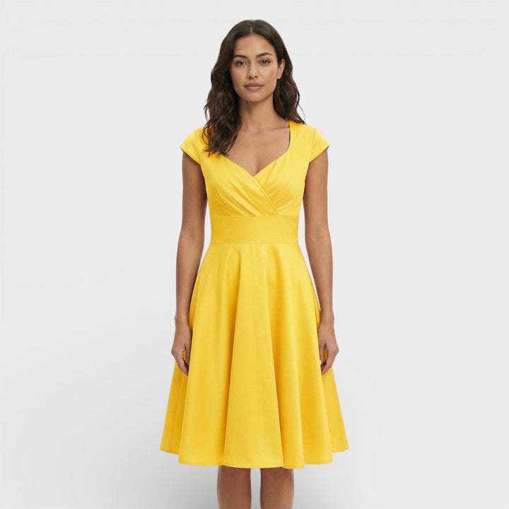 Abito midi da donna con scollo a V plissettato, maniche corte, vita aderente, gonna svasata