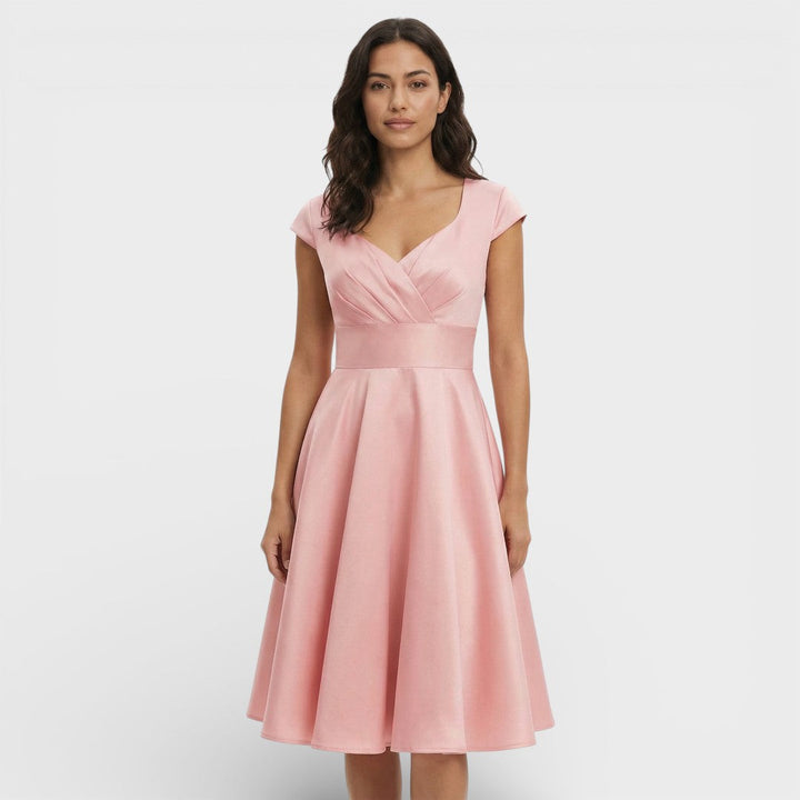 Abito midi da donna con scollo a V plissettato, maniche corte, vita aderente, gonna svasata