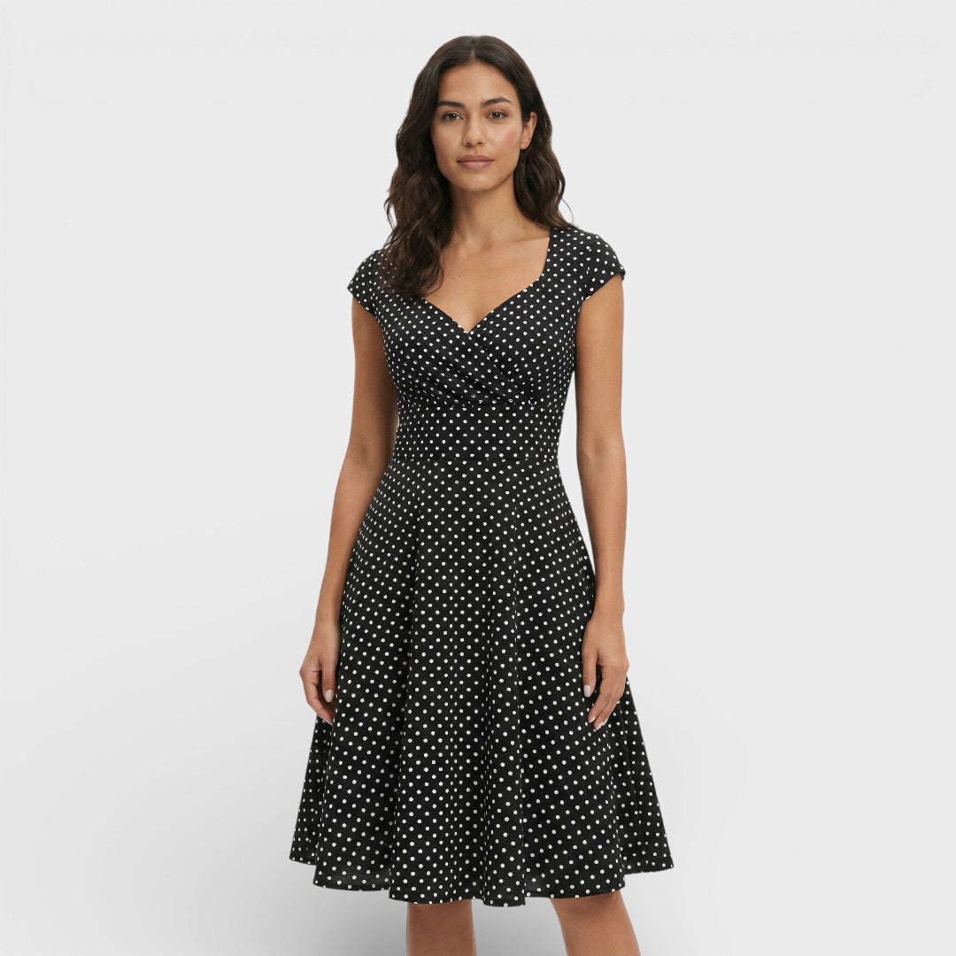 Abito midi da donna con scollo a V plissettato, maniche corte, vita aderente, gonna svasata