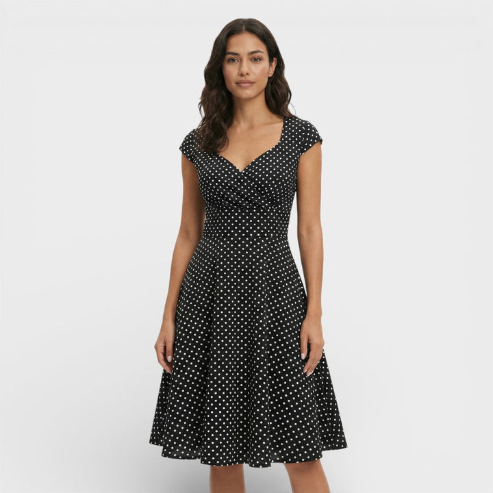 Abito midi da donna con scollo a V plissettato, maniche corte, vita aderente, gonna svasata
