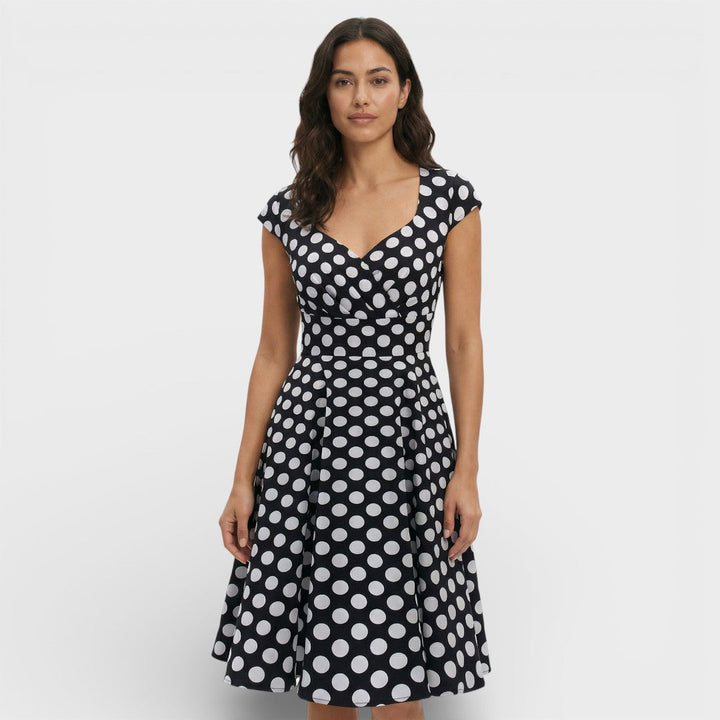 Abito midi da donna con scollo a V plissettato, maniche corte, vita aderente, gonna svasata