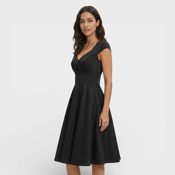 Abito midi da donna con scollo a V plissettato, maniche corte, vita aderente, gonna svasata