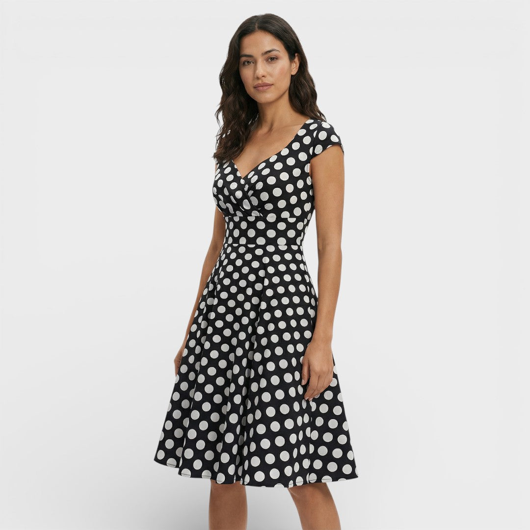 Abito midi da donna con scollo a V plissettato, maniche corte, vita aderente, gonna svasata