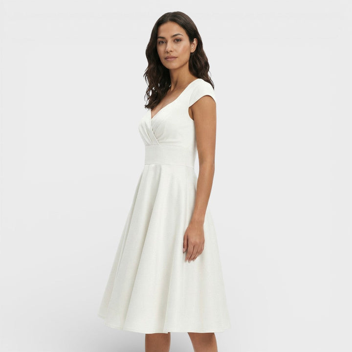 Abito midi da donna con scollo a V plissettato, maniche corte, vita aderente, gonna svasata