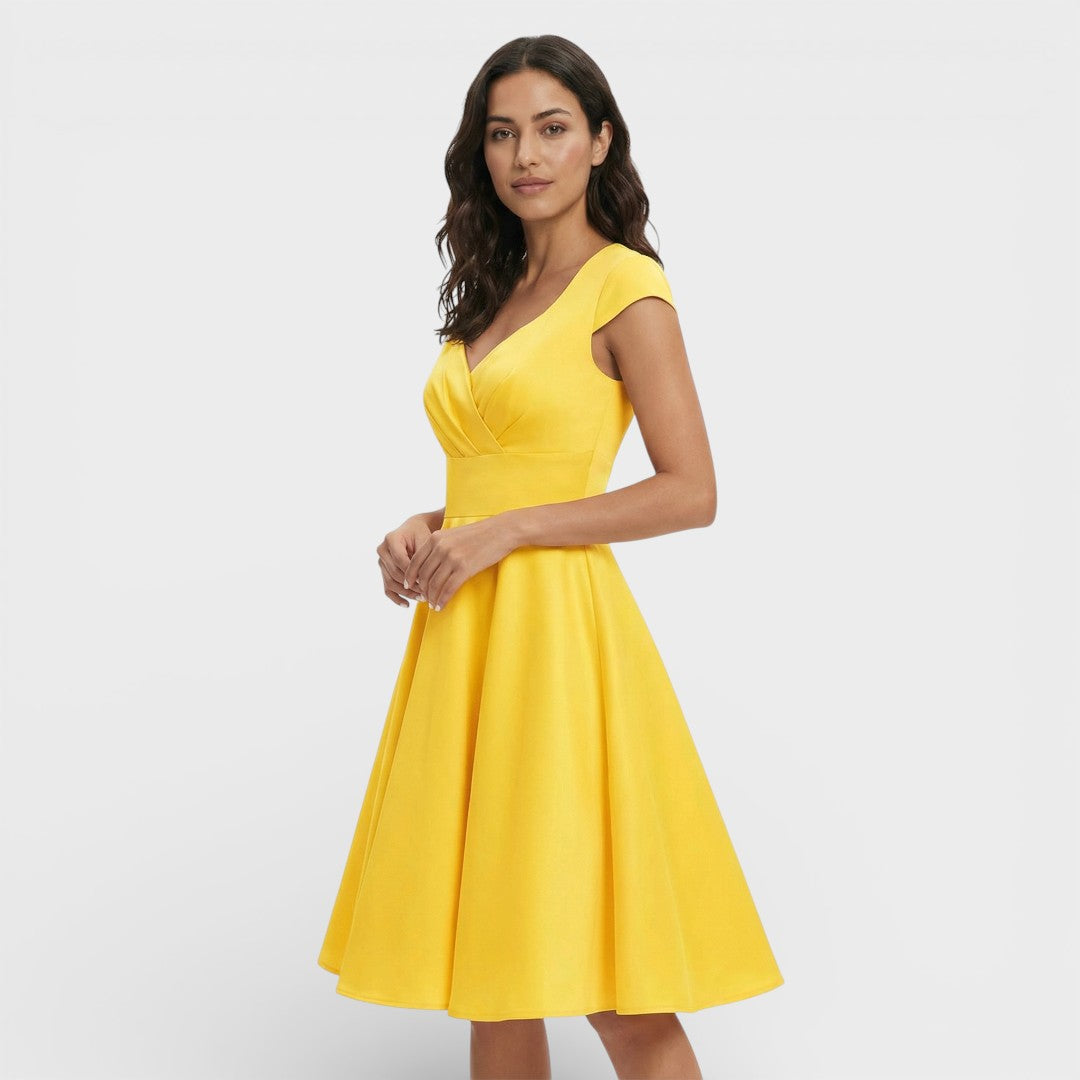 Abito midi da donna con scollo a V plissettato, maniche corte, vita aderente, gonna svasata