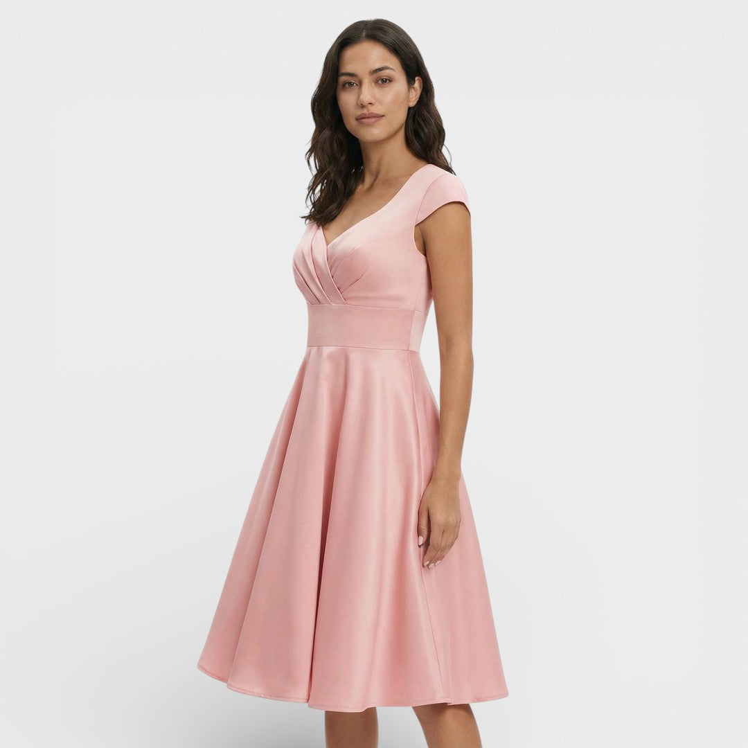 Abito midi da donna con scollo a V plissettato, maniche corte, vita aderente, gonna svasata