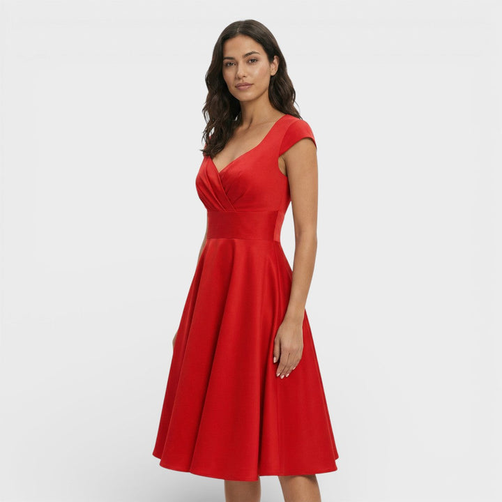 Abito midi da donna con scollo a V plissettato, maniche corte, vita aderente, gonna svasata