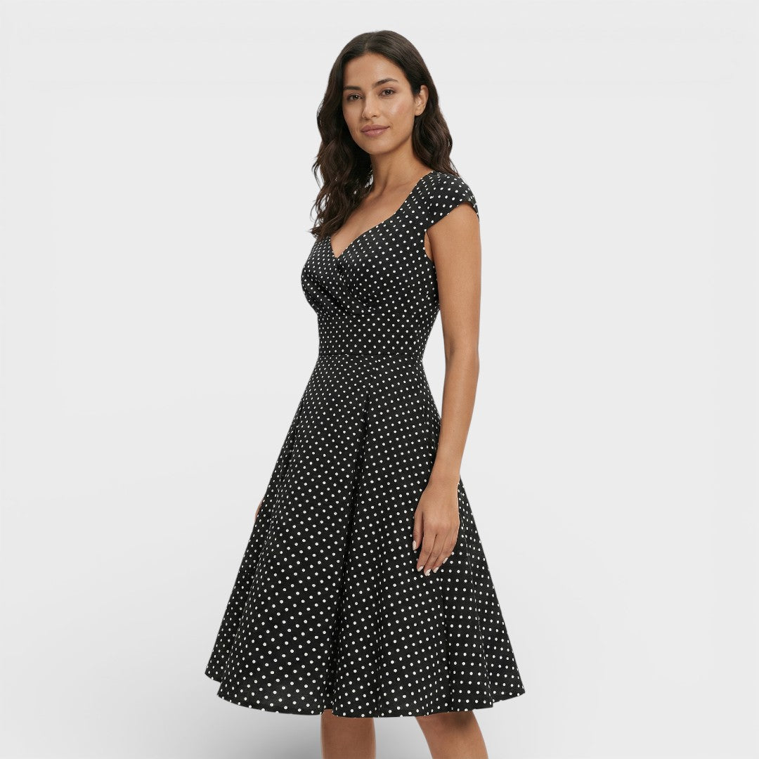 Abito midi da donna con scollo a V plissettato, maniche corte, vita aderente, gonna svasata