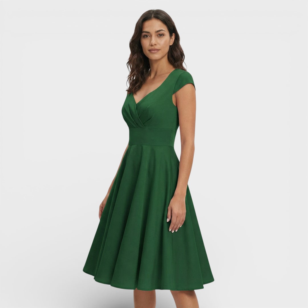 Abito midi da donna con scollo a V plissettato, maniche corte, vita aderente, gonna svasata