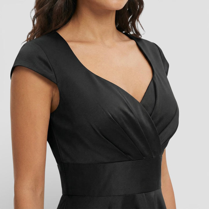 Abito midi da donna con scollo a V plissettato, maniche corte, vita aderente, gonna svasata