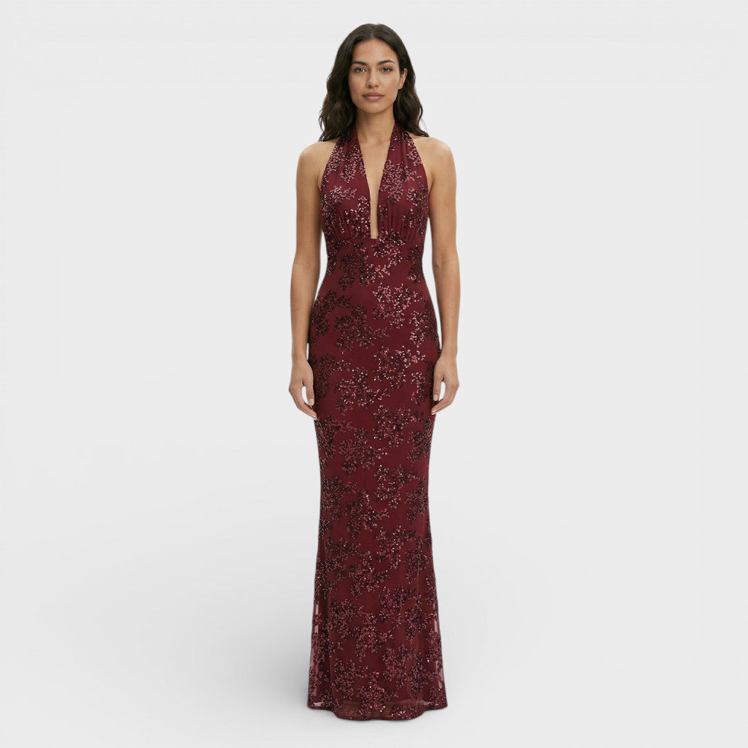 Vestito lungo da donna scollatura halter motivo paillettes aderente