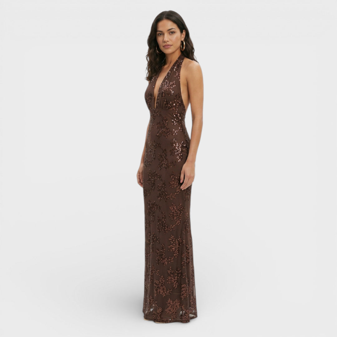 Vestito lungo da donna scollatura halter motivo paillettes aderente