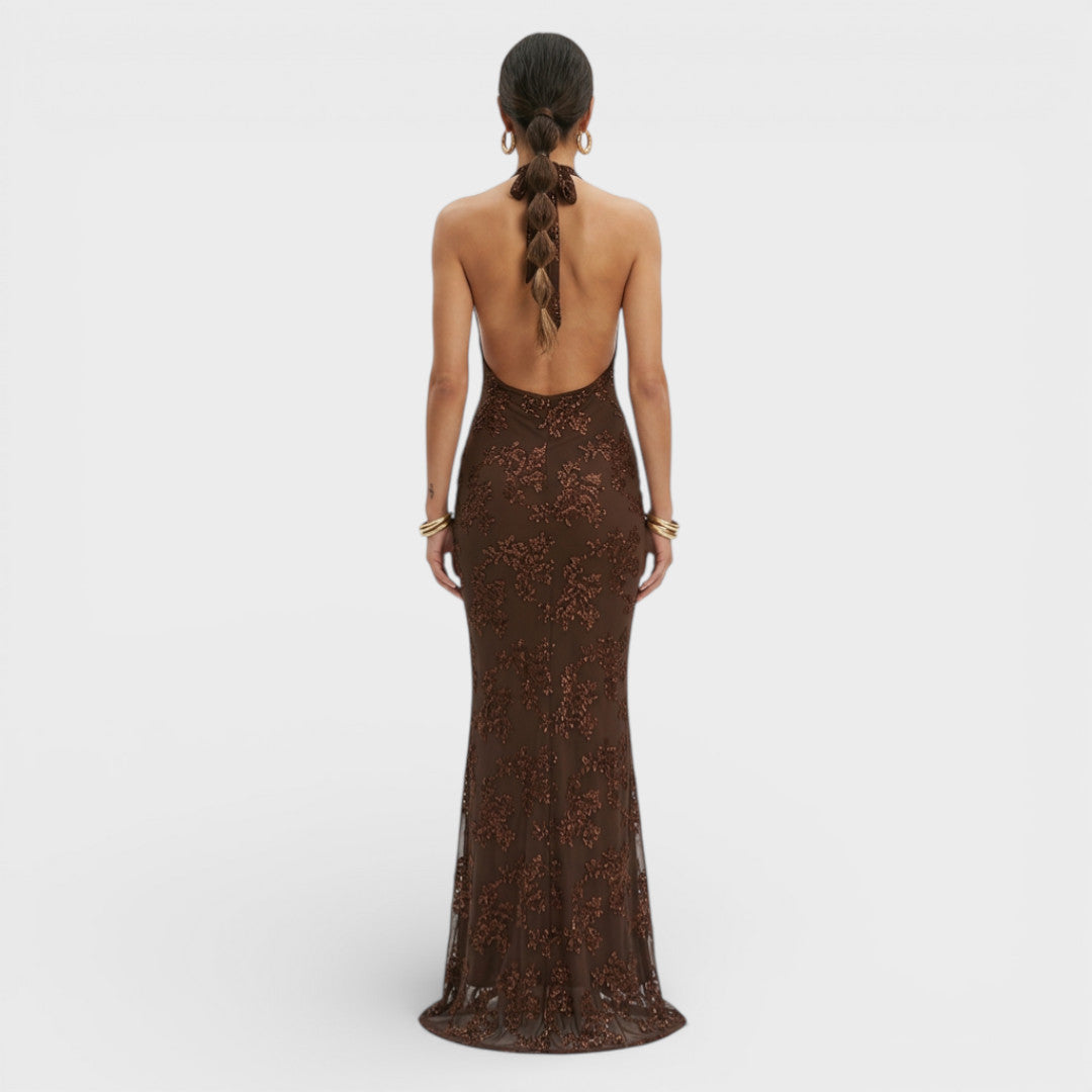 Vestito lungo da donna scollatura halter motivo paillettes aderente
