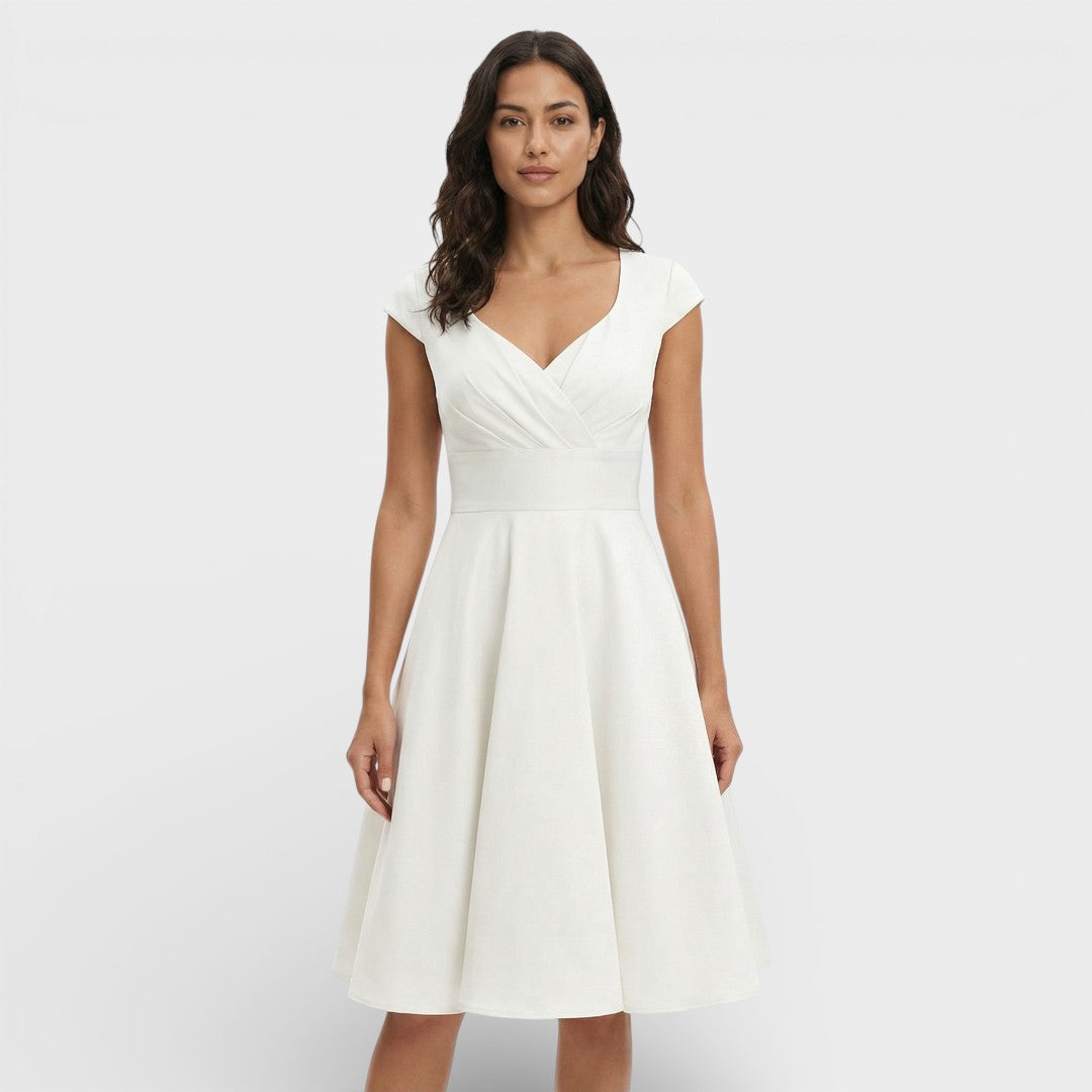 Abito midi da donna con scollo a V plissettato, maniche corte, vita aderente, gonna svasata