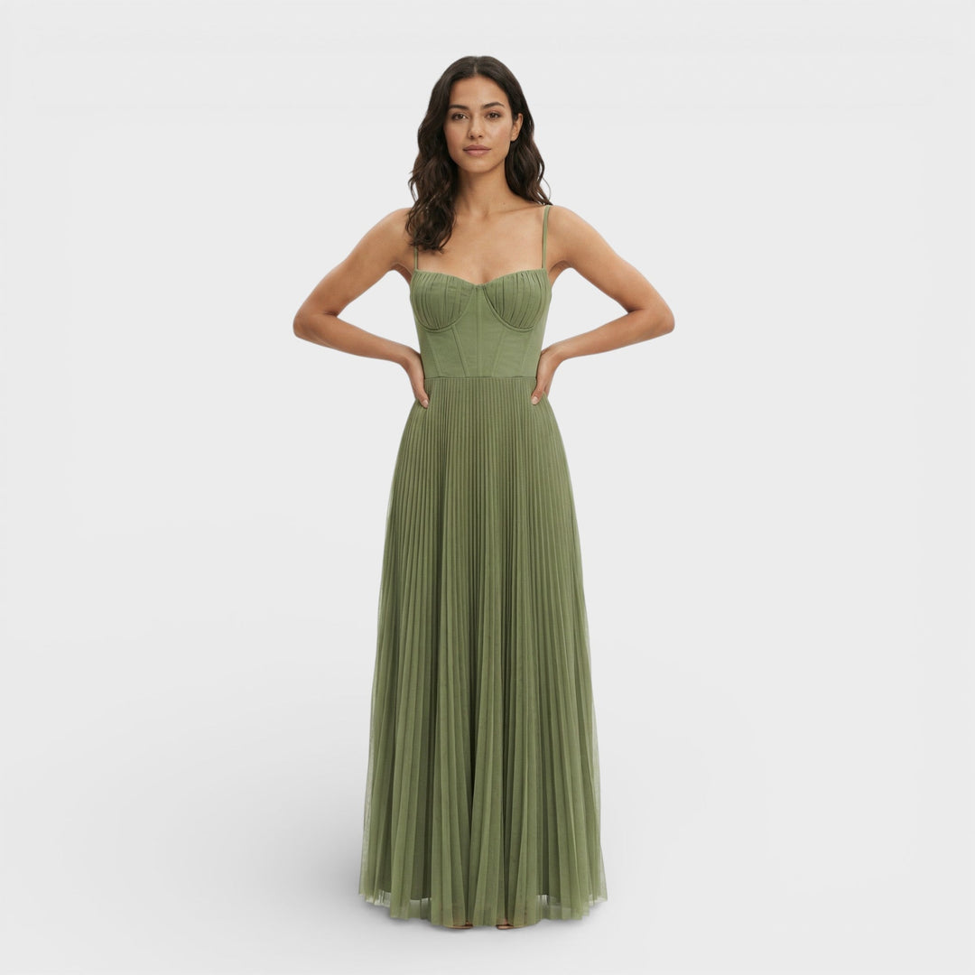 Abito midi donna verde oliva bustier gonna plissettata
