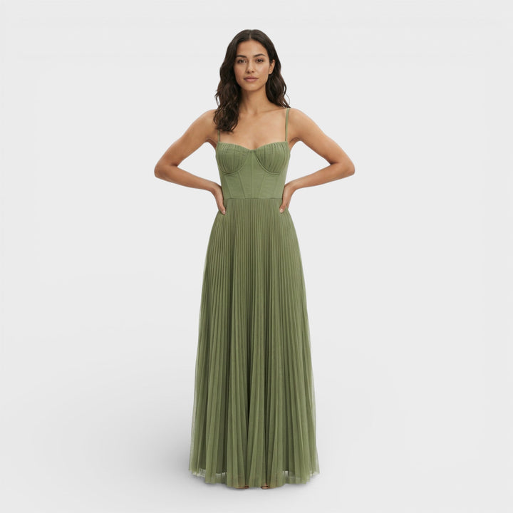 Abito midi donna verde oliva bustier gonna plissettata