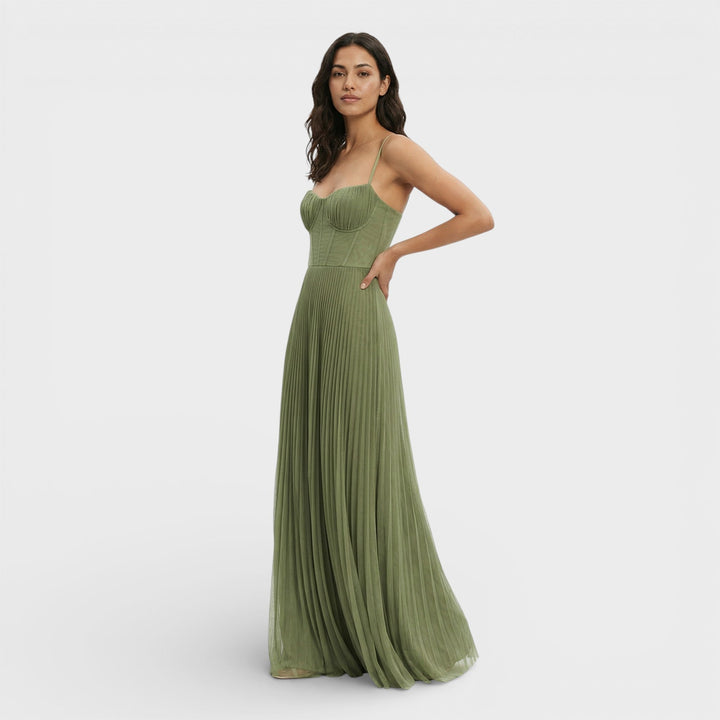 Abito midi donna verde oliva bustier gonna plissettata