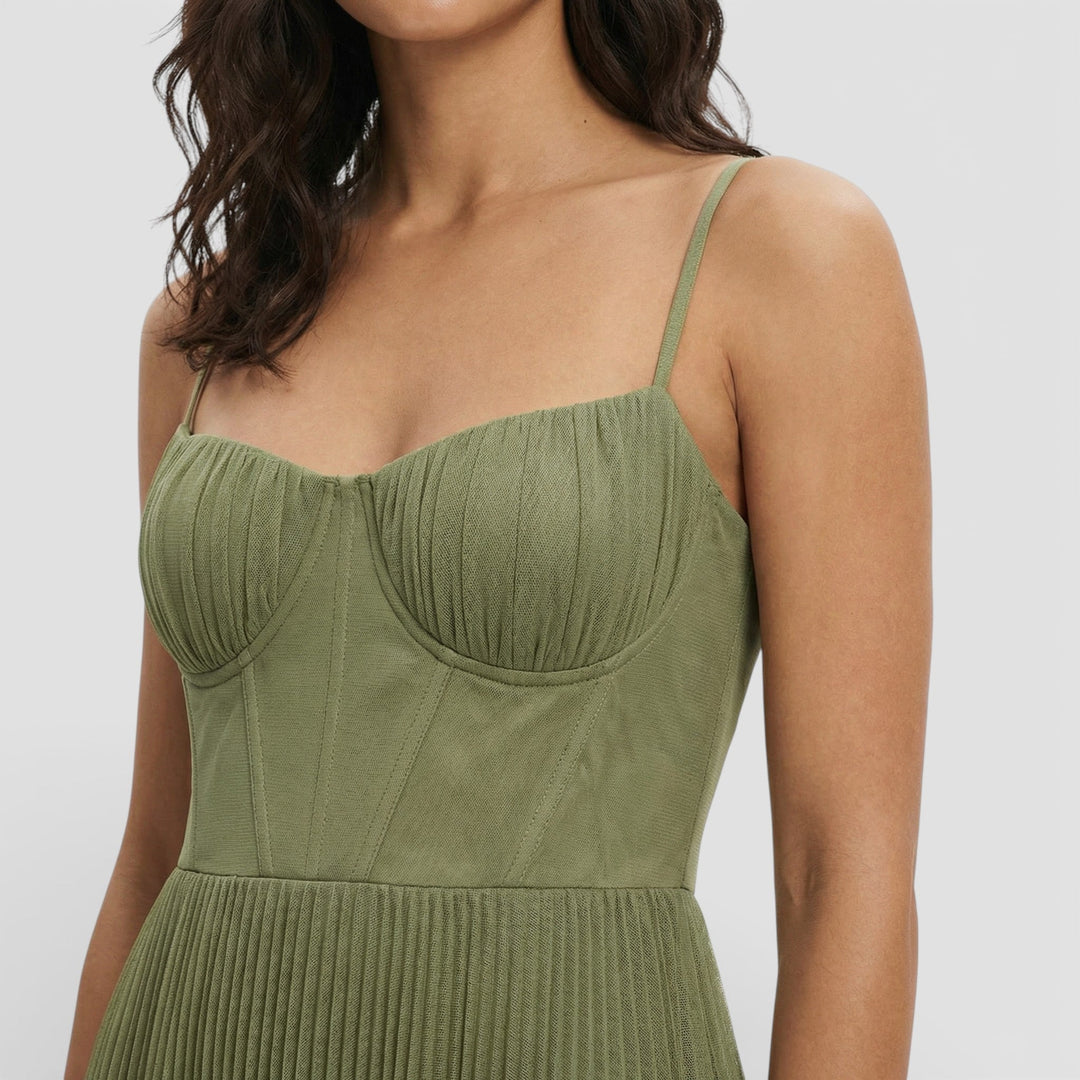Abito midi donna verde oliva bustier gonna plissettata