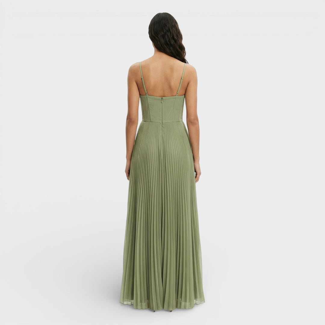 Abito midi donna verde oliva bustier gonna plissettata